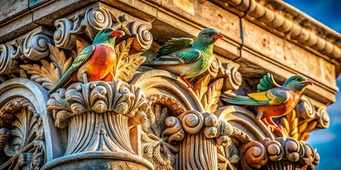 Obraz premium Macro Detail of Carved Birds on Architectural Capitals, Stone Bird Sculpture, Ancient Roman Capital, Close-up of Bird Carving