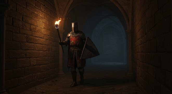 Knight's Nightly Exploration of Ancient Castle Corridor - A lone knight, torch in hand, explores a dark, mysterious castle corridor at night. The symbolizes adventure, mystery, courage, exploration
