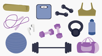 set of sports equipment for gym workout. Health and wellness concept. Elements: yoga mat, bag, water, dumbbell. Flat vector illustration