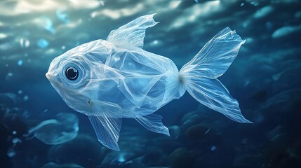 Plastic bag shaped like a fish floating underwater, highlighting ocean pollution and environmental impact.