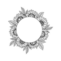Vector sunflowers round frame illustration, line art floral wreath. Graphic monochrome drawing. Hand drawn flowers outline sketch, engraved illustration. Template for wedding invitation, logo.