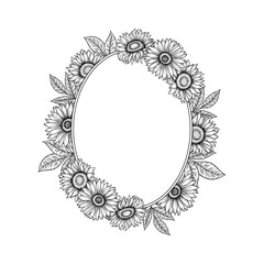 Vector sunflowers oval frame illustration, line art floral wreath. Graphic monochrome drawing. Hand drawn flowers outline sketch, engraved illustration. Template for Easter, wedding invitation, logo.