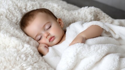 Sweet infant slumber.  A peaceful baby rests in a white blanket.  Soft, fluffy texture surrounds the sleeping child