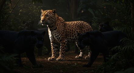 Obraz premium Majestic Leopard and Panthers in the Jungle - A stunning leopard stands majestically amidst a group of black panthers in a dark jungle setting. Sunlight filters through the leaves