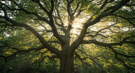 Majestic Oak Tree at Sunrise - A large oak tree bathed in the golden light of sunrise, its branches reaching towards the sky. A stunning display of nature's beauty