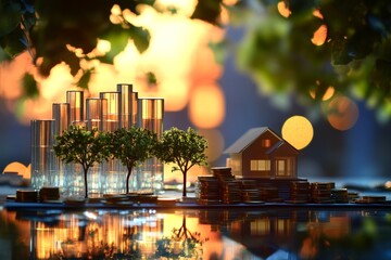 Miniature house model with trees and coins against a bar graph and blurred cityscape at sunset