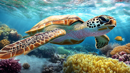 Naklejka premium Sea turtle on the background of coral reefs.