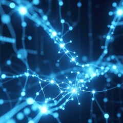Abstract glowing neural network, digital connections and artificial intelligence concept on dark blue background