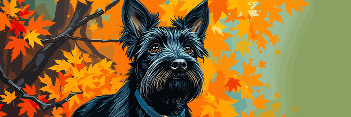 Naklejka premium Black dog gazing amid colorful autumn leaves 