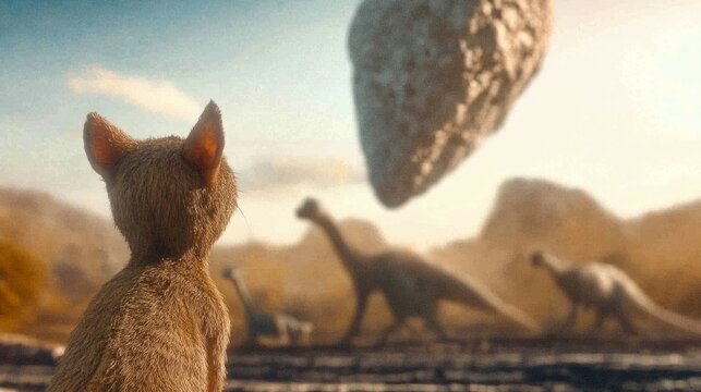 The moment when the meteorite that wiped out the dinosaurs hit the earth. The moment when the meteorite hit the earth through the eyes of a small rodent that would eventually evolve into a human.
