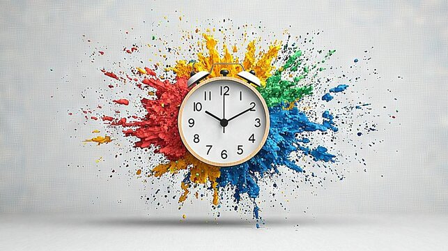   A clock with splattered paint on its face amidst a colorful explosion