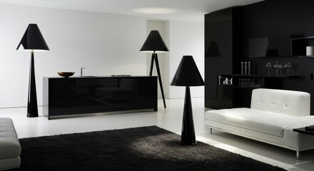 Fototapeta premium Modern Black and White Interior Design - Stylish minimalist living room with black and white furniture, lamps, and a sleek kitchen island