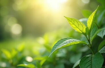 Obraz premium Close-up of vibrant green leaves with sunlight. Natural background with blurred plants. Fresh, eco wallpaper concept. Healthy growth of fresh foliage in garden. Perfect eco-friendly design for
