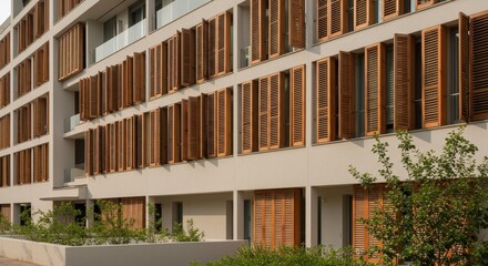 Fototapeta premium Modern Building Facade with Wooden Shutters - Architectural design, exterior, wood, building, windows. Symbolizing: elegance, functionality, natural materials, modern , sustainable design