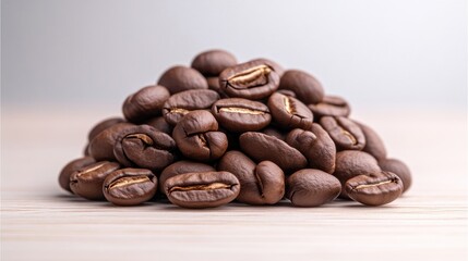 Naklejka premium Roasted coffee beans piled high. A close-up view of dark brown coffee beans, freshly roasted, piled in a mound on a light wooden surface. 