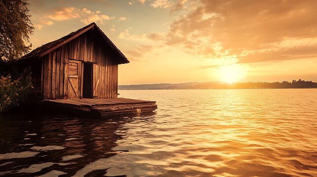 A serene wooden boathouse at a tranquil lake's edge, bathed in golden sunset light