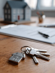 House keys with a keychain are on a table with blurred documents and a model house, representing a home purchase.