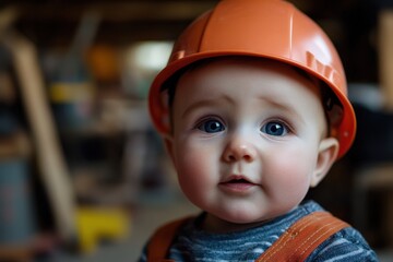 A cute infant wearing an orange construction helmet and overalls