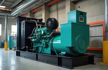 Diesel generator emergency power supply in industrial plant. Electrical equipment for backup, energy, industrial manufacturing in generator room. Standby engine, electricity, power, voltage.
