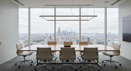 Fototapeta premium Modern Conference Room with City View - A spacious, modern conference room with a long table, comfortable chairs, and a breathtaking panoramic city view. Symbolizing collaboration, innovation