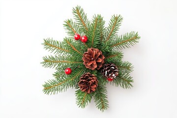 Evergreen boughs with cones and red berries on a plain white surface isolated on white background