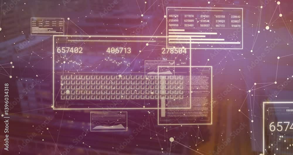 Poster digital data processing animation with numbers and graphs over abstract background