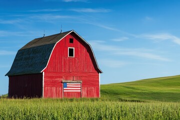 Obraz premium A weathered red barn stands beneath a clear blue sky adorned with an american flag on the roof 
