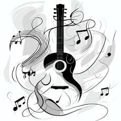 Guitar silhouette with musical notes and abstract lines, artistic design, black and white colors, decorative concept
