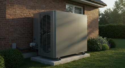 Modern Home Heat Pump System - Energy-efficient heat pump unit installed outside a residential home, providing climate control