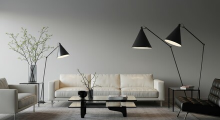 Modern Living Room with Elegant Floor Lamps - Stylish living room interior featuring a minimalist sofa, contemporary floor lamps, and subtle decor. Creates a serene and sophisticated atmosphere