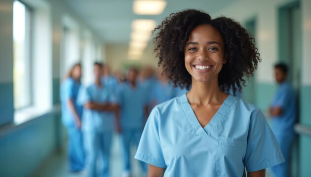 Smiling travel nurse stands in hospital corridor with medical staff in the background. Positive atmosphere. Healthcare pro. Modern lifestyle. Diverse team. Medicine and health concept.