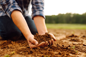 Close-up of the hands of a young agronomist in a checkered shirt holding fertile soil in an agricultural field. Black soil in the hands of a farmer checking the quality of the soil. 
