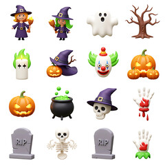 Halloween Cartoon Icon Set On Transparent Background

