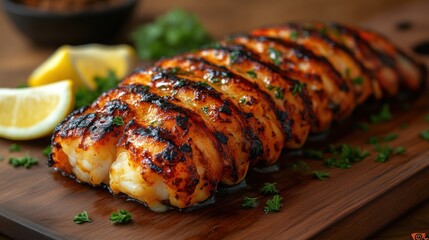 Grilled Seafood Delight Perfectly Cooked Lobster Tails with Lemon and Herbs on a Wooden Board