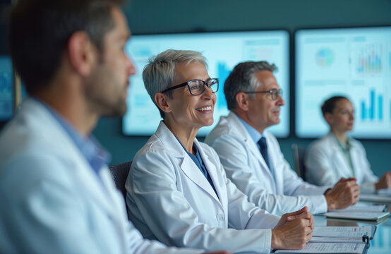 Medical professionals discuss breast cancer prevention research. Doctors in white coats at conference room presentation. Healthcare, oncology, cancer treatment, scientific analysis, innovation,