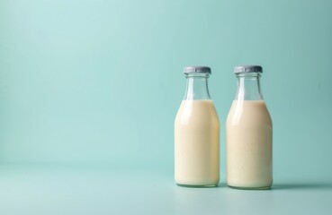 Two bottles of dairy drink with probiotics, prebiotics stand on light blue background. Bio yogurt with useful microorganisms, biologically active additives. Dairy drink for gut health, digestion,