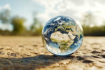 3d earth in glass sphere on arid desert soil  a reflective earth day conceptual image
