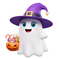 Adorable Halloween Character Ghost in Purple Hat On Transparent Background

