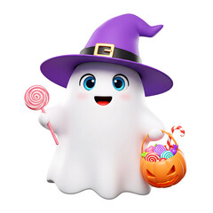 Happy Cartoon Ghost Holding Pumpkin Basket with Sweets On Transparent Background

