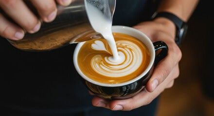 Pouring steamed milk into a cup of coffee to create latte art in a coffee shop setting