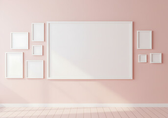 White frame mockup on pink wall for artwork display and interior design
