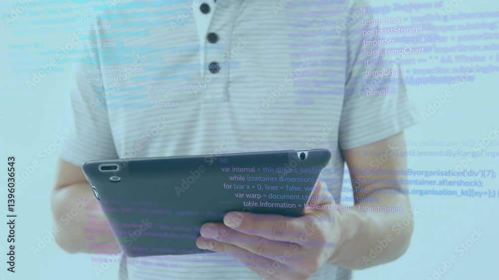 Poster person holding tablet with code and data processing animation overlay