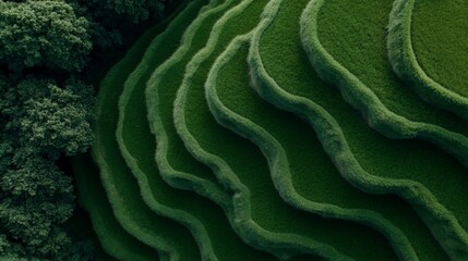 Aerial View of Lush Green Rice Terraces in Rural Asia
