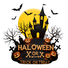 Haunted Halloween Castle Scene with Moon and Trick or Treat Text On Transparent Background

