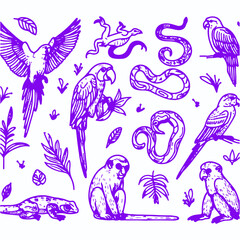 Obraz premium Seamless pattern with feathers and birds featuring floral elements, butterflies, leaves, and nature-inspired symbols in a cartoon style, perfect for spring and summer designs