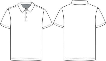 Editable technical fashion sketch of a short-sleeved Polo shirt with a fabric collar, buttoned front closure. Front and Back views. For apparel design, tech packs, and fashion production.