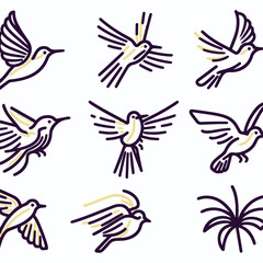 Obraz premium Vector illustration of a set of flying birds with silhouettes of eagle, dove, pigeon, and hawk, symbolizing freedom and nature with tribal and tattoo-inspired design elements