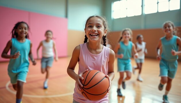 Young girl smiles holding basketball. Teammates running in background. Girls play basketball indoors, fun. Joyful active team practice. Children healthy lifestyle. Friendship, sports, competition,
