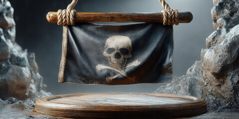 Pirate Skull Flag Hanging on Wooden Frame – Jolly Roger Symbol in Dramatic Nautical Setting