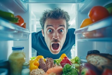 A surprised man gazes into a well stocked fridge full of food from inside the refrigerator